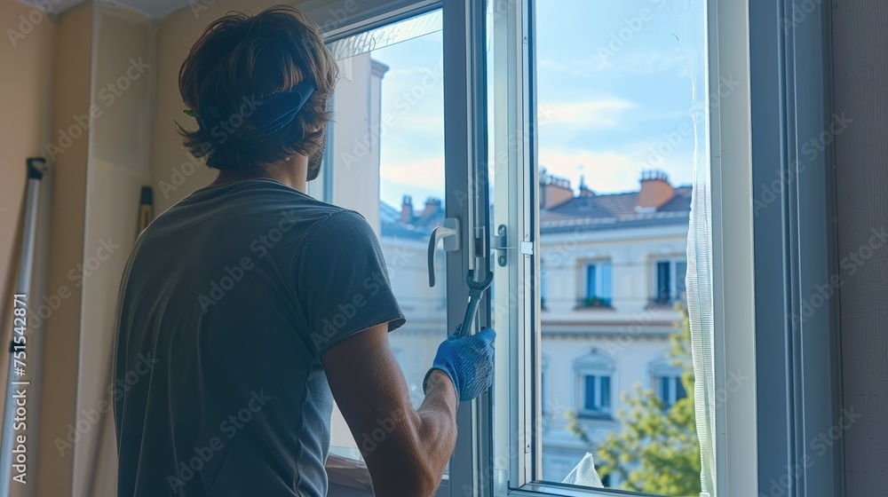 Aufkleber Operator installing a mosquito window with tools. Generative AI.