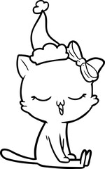 line drawing of a cat with bow on head wearing santa hat