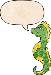 cartoon sea horse and speech bubble in retro texture style