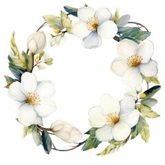 Fototapeta premium Circle frame of watercolor flowers and leaves on white background.