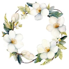 Circle frame of watercolor flowers and leaves on white background.