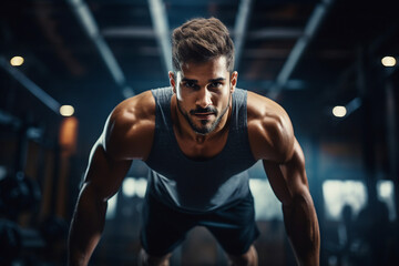 Fototapeta na wymiar Generative AI image of young strong muscular man bodybuilder coach training in gym