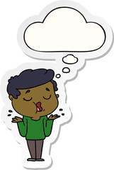 cartoon man talking and shrugging shoulders and thought bubble as a printed sticker