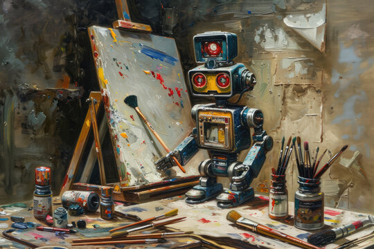 a classic oil painting depicting a robot artist creating a masterpiece, with brushes and tubes of paint scattered around it.