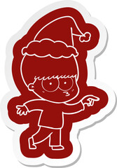 nervous cartoon  sticker of a boy wearing santa hat