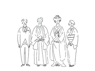 白無垢（角隠し）の花嫁と紋付袴姿の新郎新婦、モーニングコートの父親と黒留袖の母親、両親、結婚式、線画