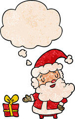 cartoon santa claus and thought bubble in grunge texture pattern style