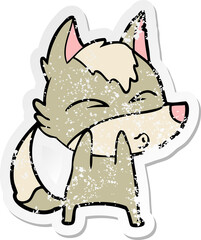 distressed sticker of a cartoon wolf whistling