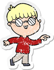 distressed sticker of a cartoon boy wearing spectacles