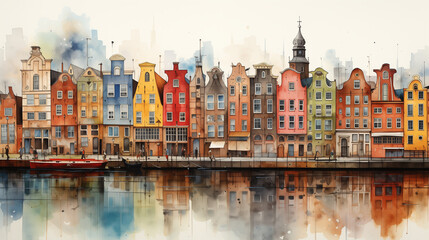 Obraz premium Colorful European buildings and their reflection in water are depicted in an artistic watercolor illustration.