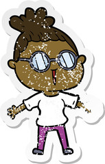 distressed sticker of a cartoon woman wearing spectacles