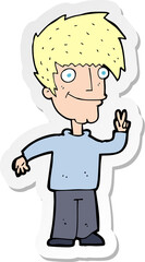 sticker of a cartoon man giving peace sign