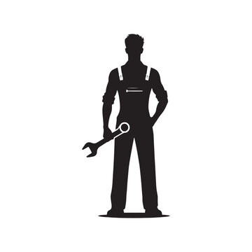 recommend clip art: Automotive Artisan: Vector Mechanic Silhouette - Crafting Precision and Performance with Expertise and Skillful Proficiency. Vector Mechanic Illustration.