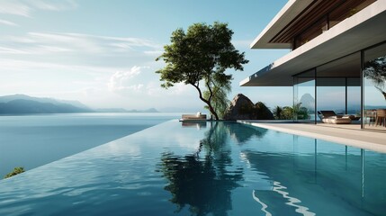 Panoramic perfection in a high-quality image of a luxurious pool, where vanishing edges meet a...