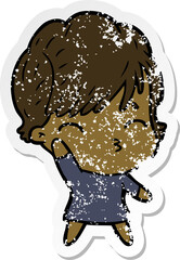 distressed sticker of a cartoon woman thinking