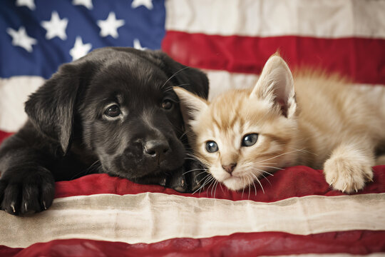 Patriotic American Pet Labrador Puppy Dog and Kitten Cat Animal Over a Red, White, and Blue Sign for July 4th Fourth Flag Patriot Party Invite, Memorial Day Labor Day President Day or USA Vote