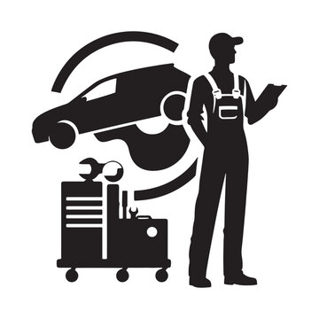 recommend clip art: Automotive Artisan: Vector Mechanic Silhouette - Crafting Precision and Performance with Expertise and Skillful Proficiency. Vector Mechanic Illustration.