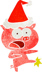 retro cartoon of a pig shouting and kicking wearing santa hat