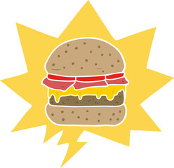 cartoon stacked burger and speech bubble in retro style
