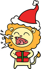 line drawing of a roaring lion with gift wearing santa hat