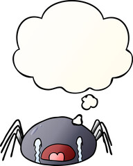 cartoon crying spider and thought bubble in smooth gradient style