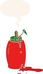 cartoon tomato ketchup bottle and speech bubble in retro style