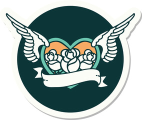 tattoo style sticker of a flying heart with flowers and banner