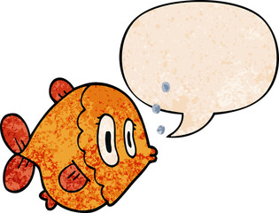 cartoon fish and speech bubble in retro texture style