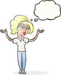 cartoon woman raising hands in air with thought bubble