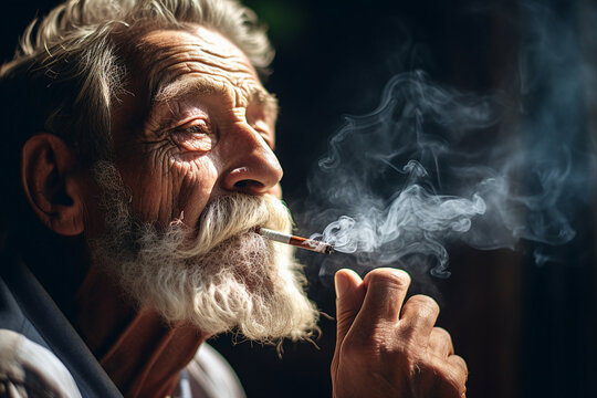 Photo of elderly man smoking a cigarette outdoors generative AI