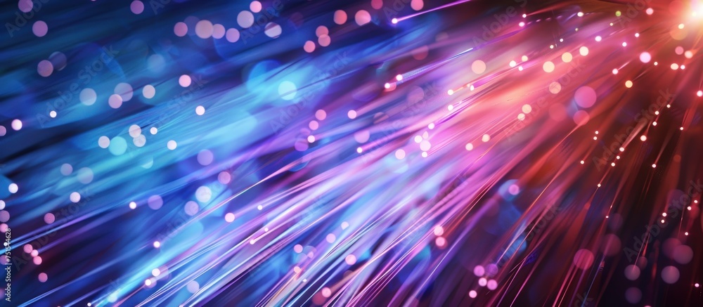 Poster digital, dynamic abstract light fibers that intertwine and blend with neon colors on a dark backgrou