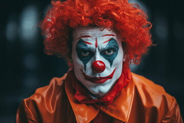 Horror circus actor performer clown fun time children fair Generative AI funny and freaky face...