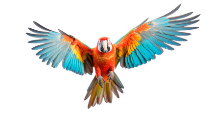 Fototapeta premium A colorful parrot is flying in the air with its wings spread wide Isolated on transparent background, PNG