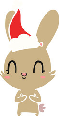 cute flat color illustration of a rabbit wearing santa hat