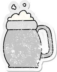 distressed sticker of a quirky hand drawn cartoon pint of beer