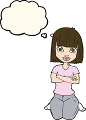 cartoon woman kneeling with thought bubble