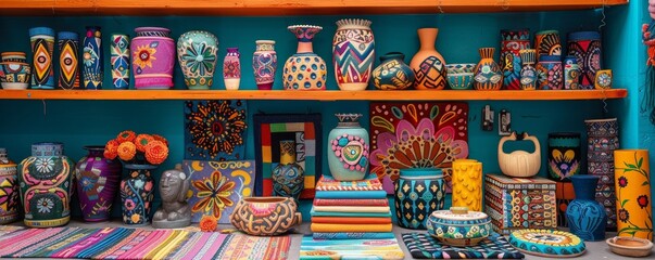 A colorful display of vases and other decorative items on a shelf