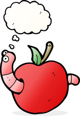 cartoon worm in apple with thought bubble