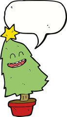 cartoon dancing christmas tree with speech bubble