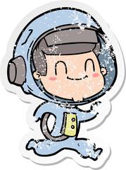 distressed sticker of a happy cartoon astronaut