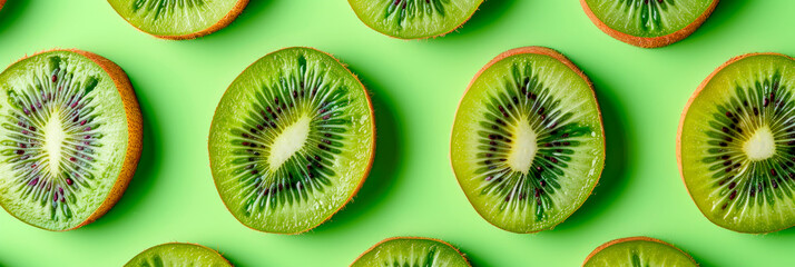 Fototapeta premium fruit pattern of fresh kiwi slices on green background