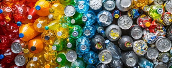 A pile of plastic bottles and cans in various colors - obrazy, fototapety, plakaty