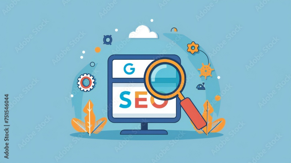 Poster a computer monitor with a magnifying glass on it and the word seo written on it
