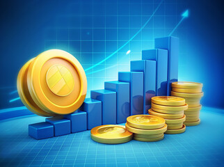Coin background with a blue finance graph and investment bar, showcasing growth and success in the market with technology and currency reports.