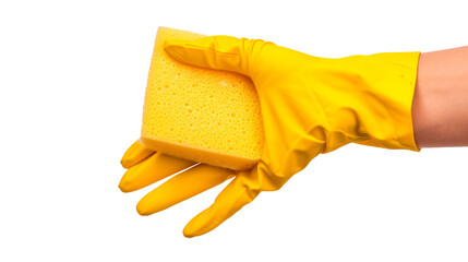 A person is holding a yellow sponge in their hand Isolated on transparent background, PNG