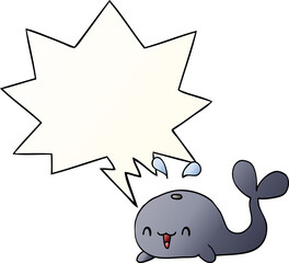 cartoon happy whale and speech bubble in smooth gradient style