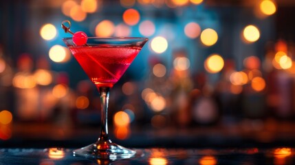 Cosmopolitan cocktail on bar background. Glass of alcoholic drink