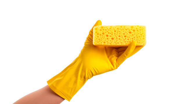 A person is holding a yellow sponge in their hand Isolated on transparent background, PNG