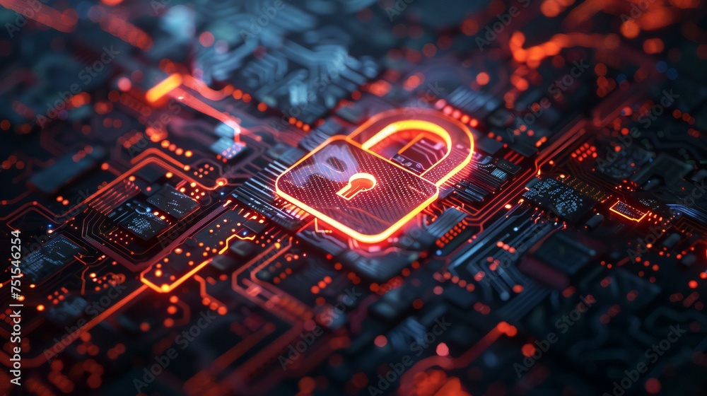 Poster a computer chip with a red lock on it. the lock is glowing and the chip is surrounded by other glowi