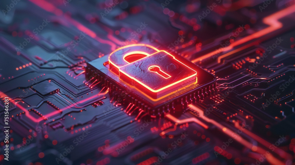 Aufkleber a red and black computer chip with a lock on it. concept of security and protection
